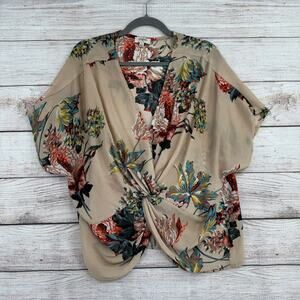 Umgee USA Floral Twist Front Blouse Women's Small Tan Multicolor V-Neck